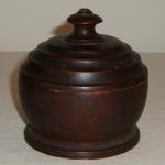 Treen Covered Sugar Bowl, These small bowls held herbs, seasonings, tea, sugar, salt, etc. but are known as sugar bowls. Late 18th C
 3 1/2" across the bottom, 2" to the top of the bowl and 4" to the top of the finial.